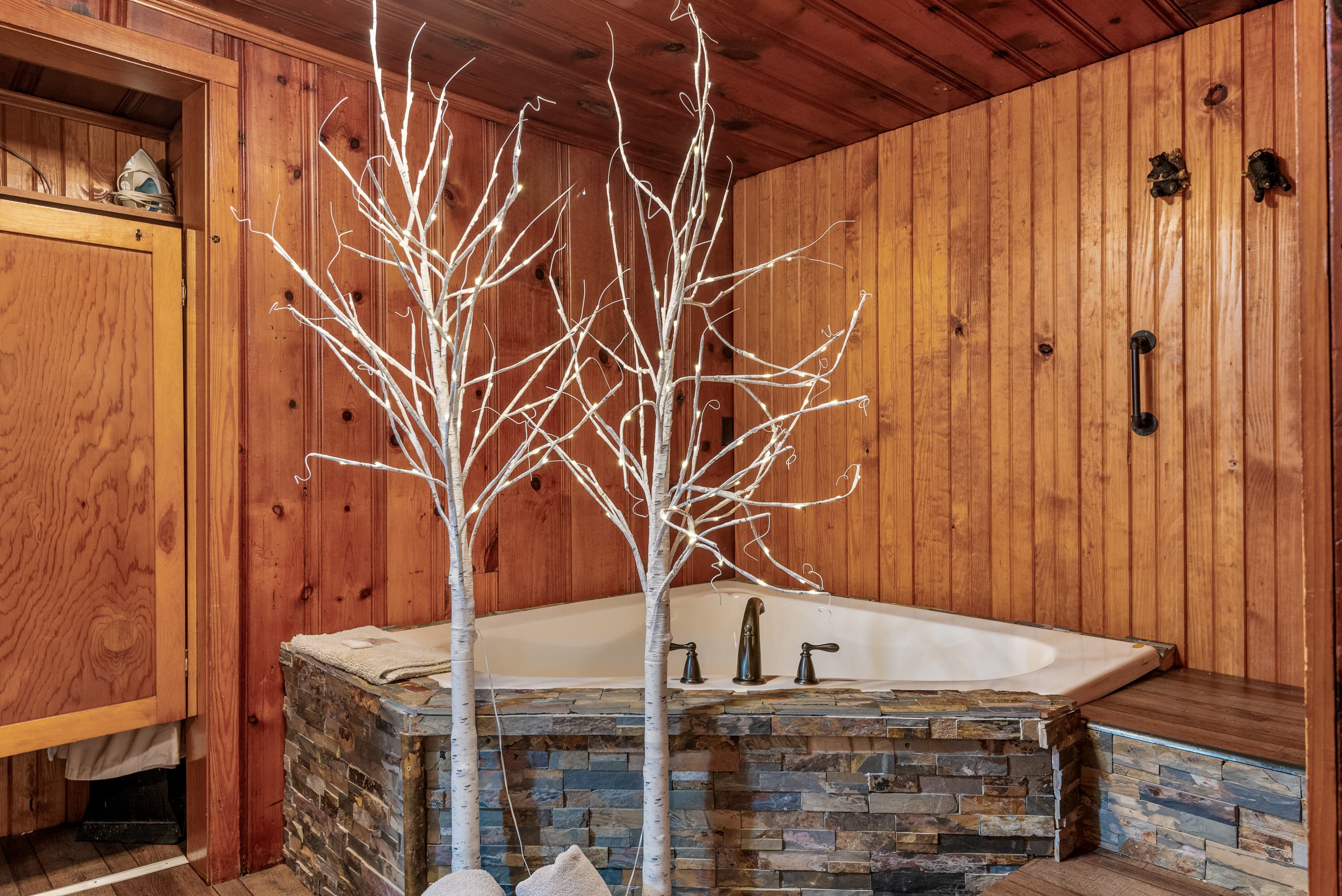 Black Bear Suite JACUZZI tub surrounded by white trees