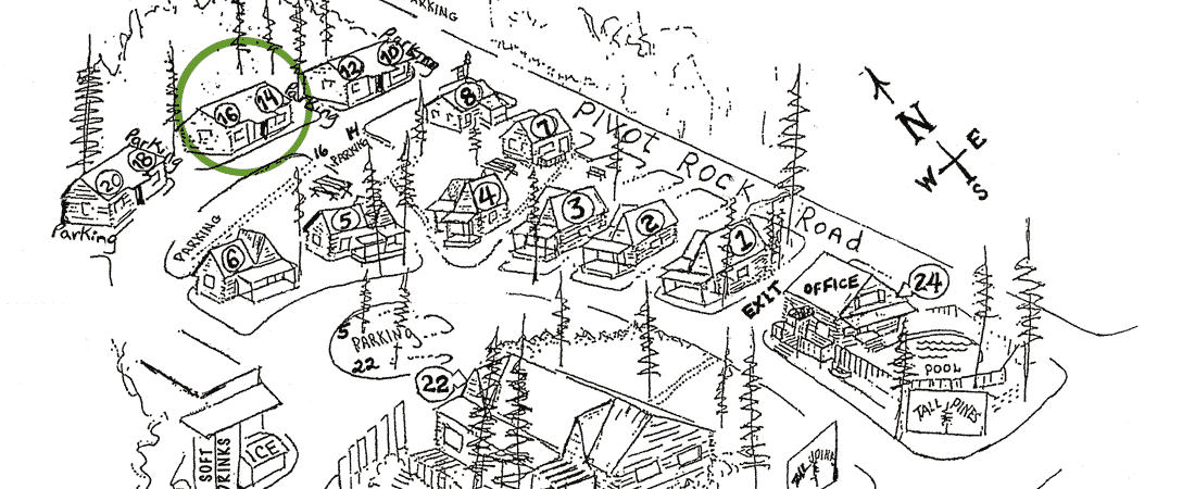 Map of a lodging area showing various cabins, parking, and amenities.