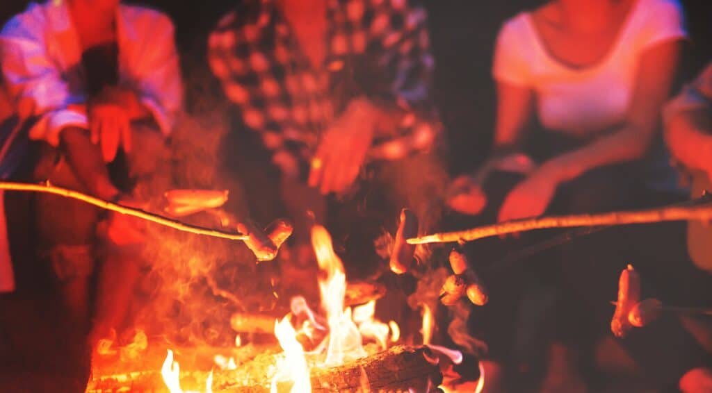 A group of people roast sausages over a campfire at night.