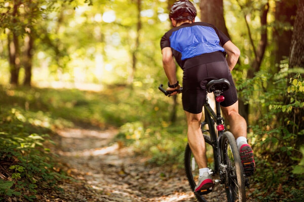 A cyclist rides along a gravel path in a lush, green forest.