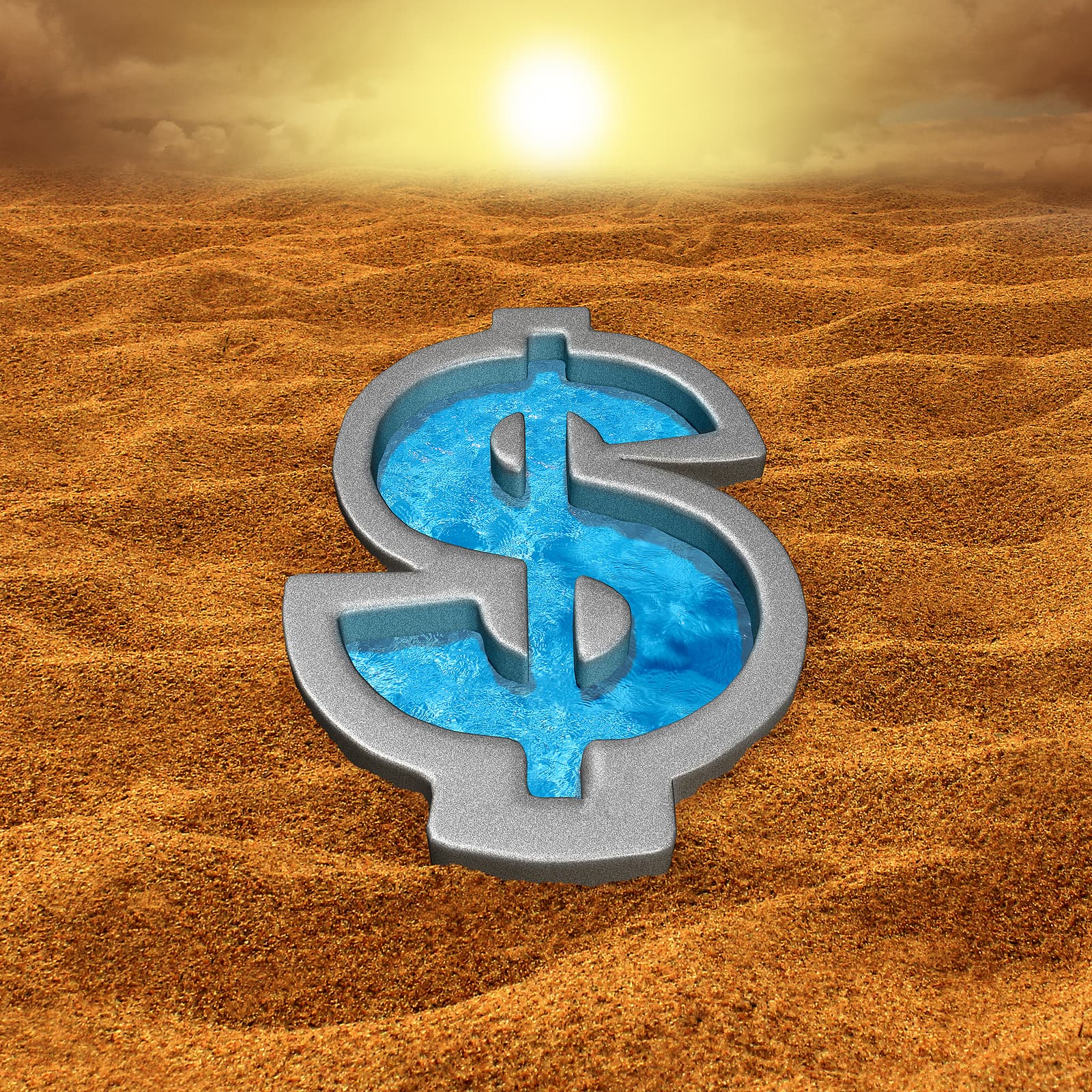 A dollar sign shape filled with water sits in a sandy desert landscape under a hazy sun.