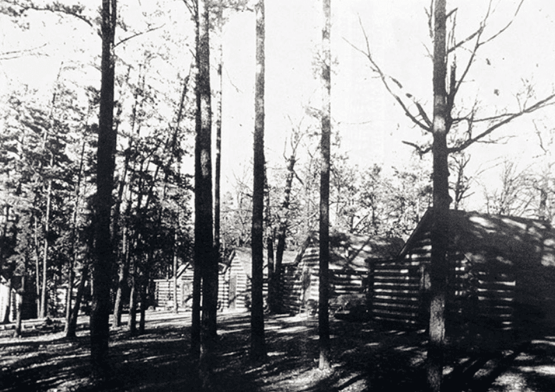 A black-and-white photograph of log cabins situated among tall trees.