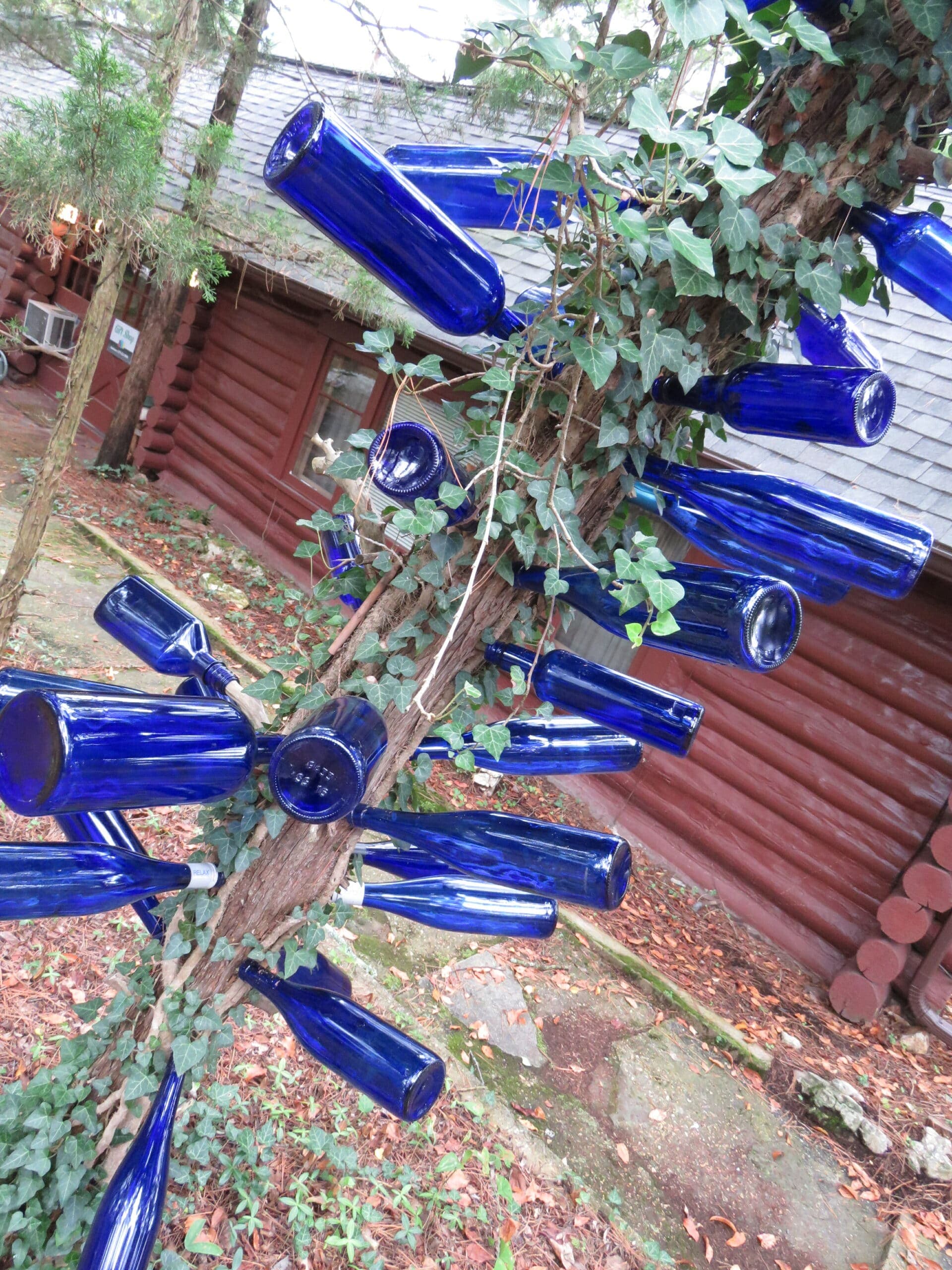 A tree adorned with blue bottles intertwined with green ivy.