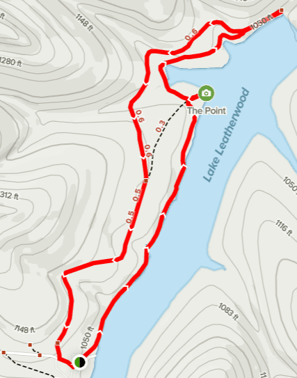 Map showing a hiking trail along Lake Leatherwood, marked in red, with elevation contours and a point of interest labeled "The Point."