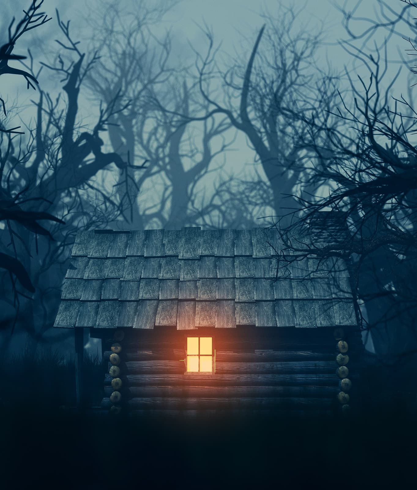 A solitary cabin with a glowing window stands amidst dark, twisted trees in a foggy landscape.