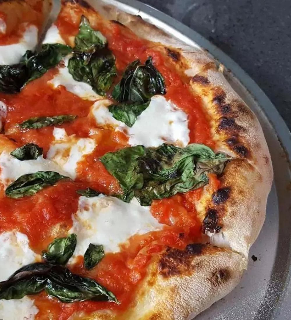 A close-up of a freshly baked pizza topped with tomato sauce, mozzarella cheese, and fresh basil.