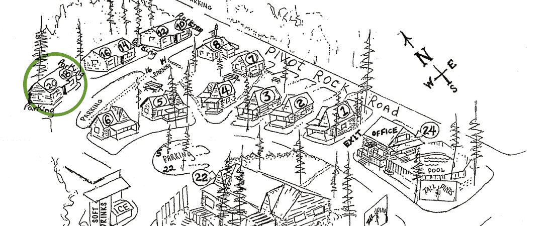 Map illustration of a cabin layout labeled with numbers and landmarks in a wooded area.