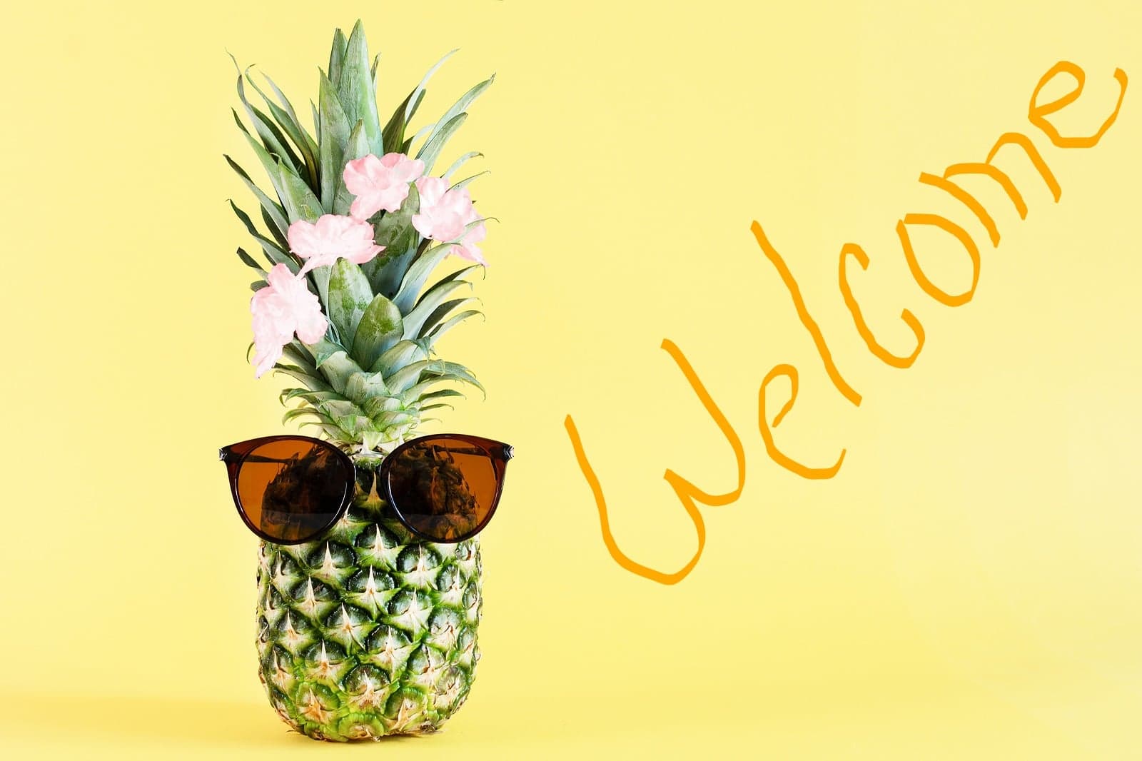 A pineapple wearing sunglasses is adorned with pink flowers against a yellow background, with the word "Welcome" written beside it.