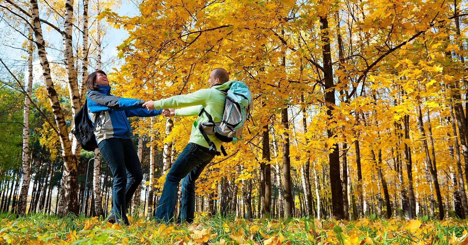 A couple joyfully holds hands in a colorful autumn forest filled with yellow leaves. A couple joyfully holds hands in a colorful autumn forest filled with yellow leaves.