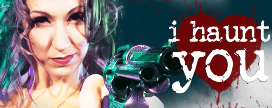 A woman with a playful expression aims a colorful toy gun while the text "i haunt you" is prominently displayed.