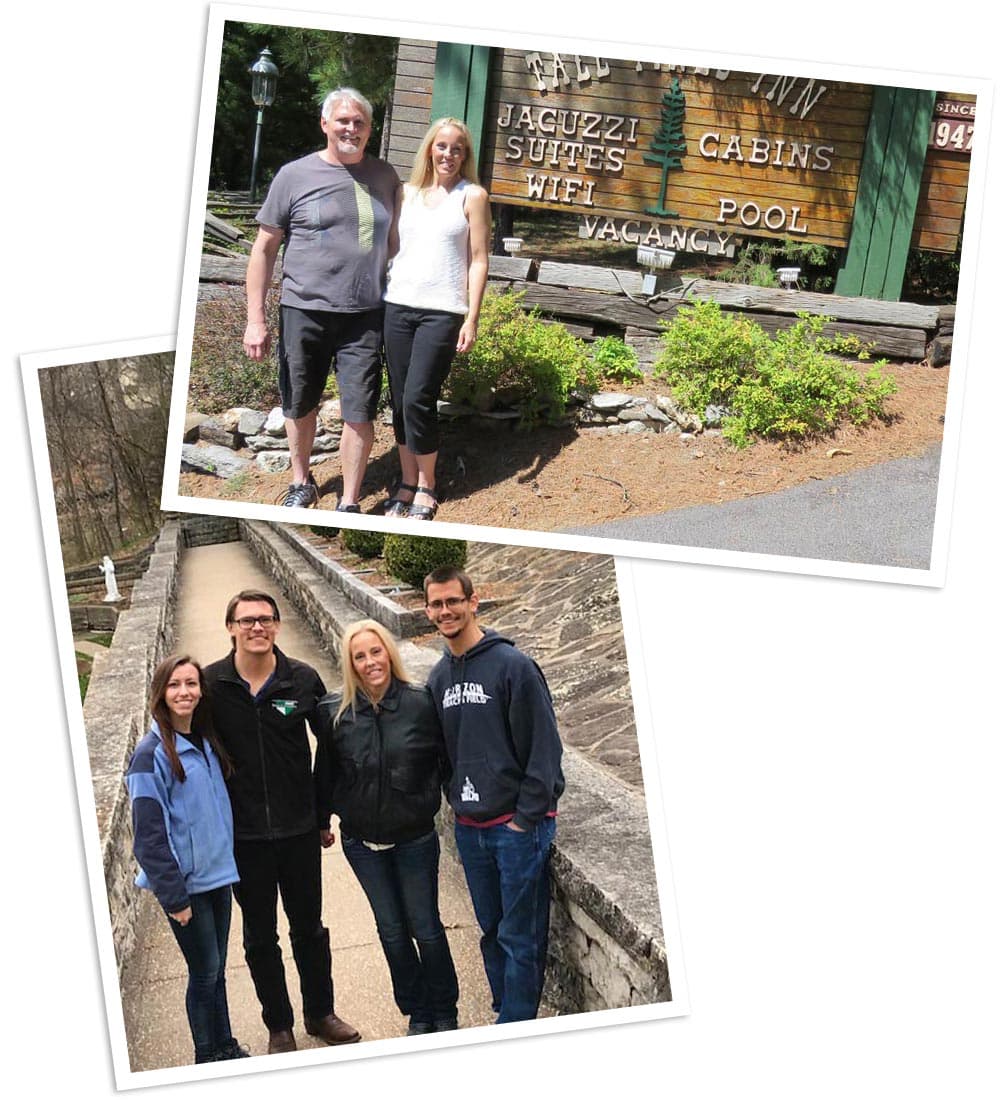 Two photos showing people posing together outside a cabin and on a stone walkway in a natural setting.