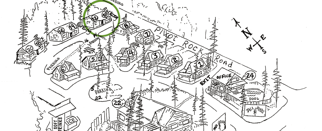 A hand-drawn map depicting a lodge layout with labeled cabins, amenities, and directional markers.