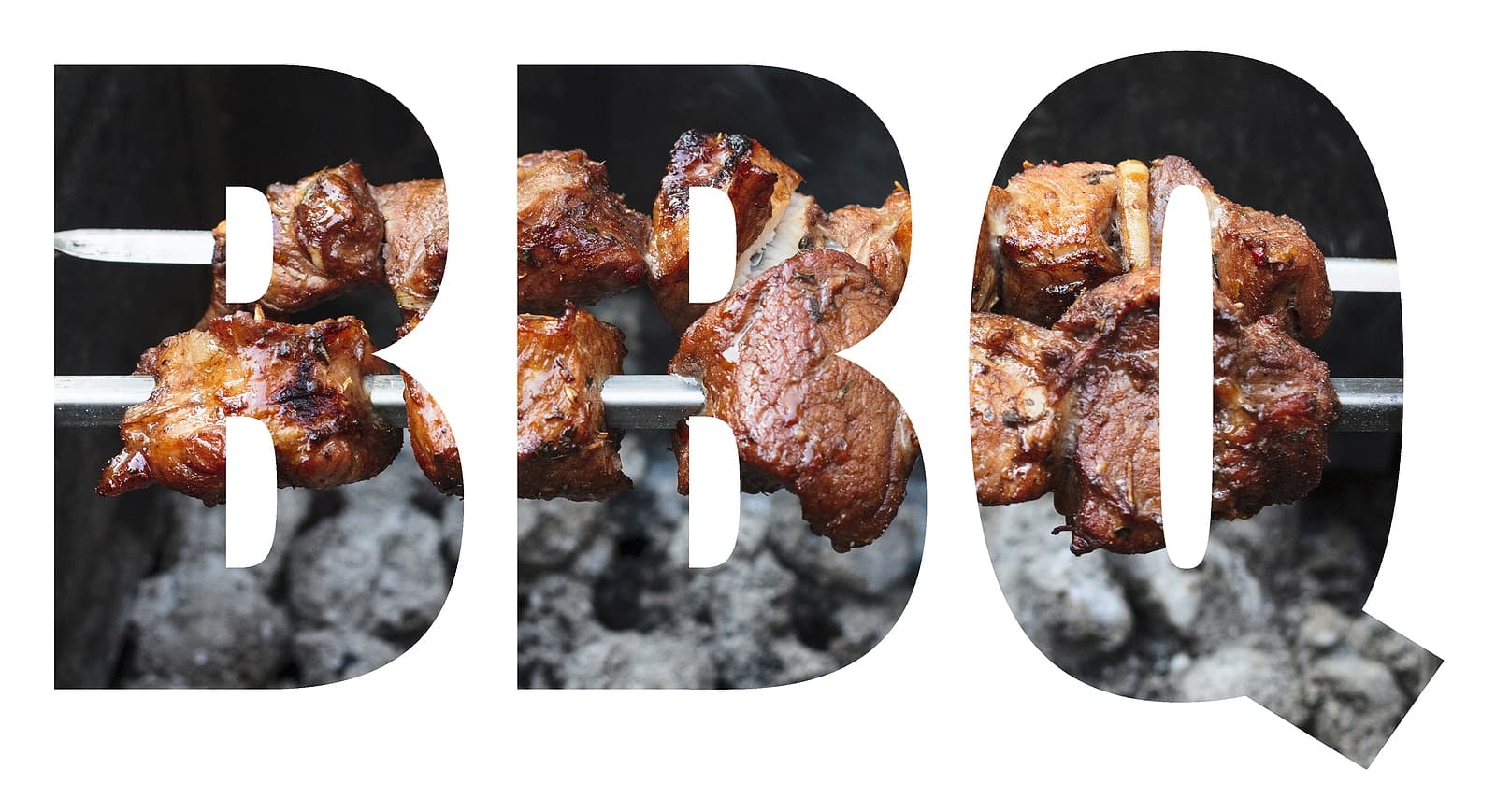 Grilled meat skewers over charcoal with the letters "BBQ" prominently displayed.