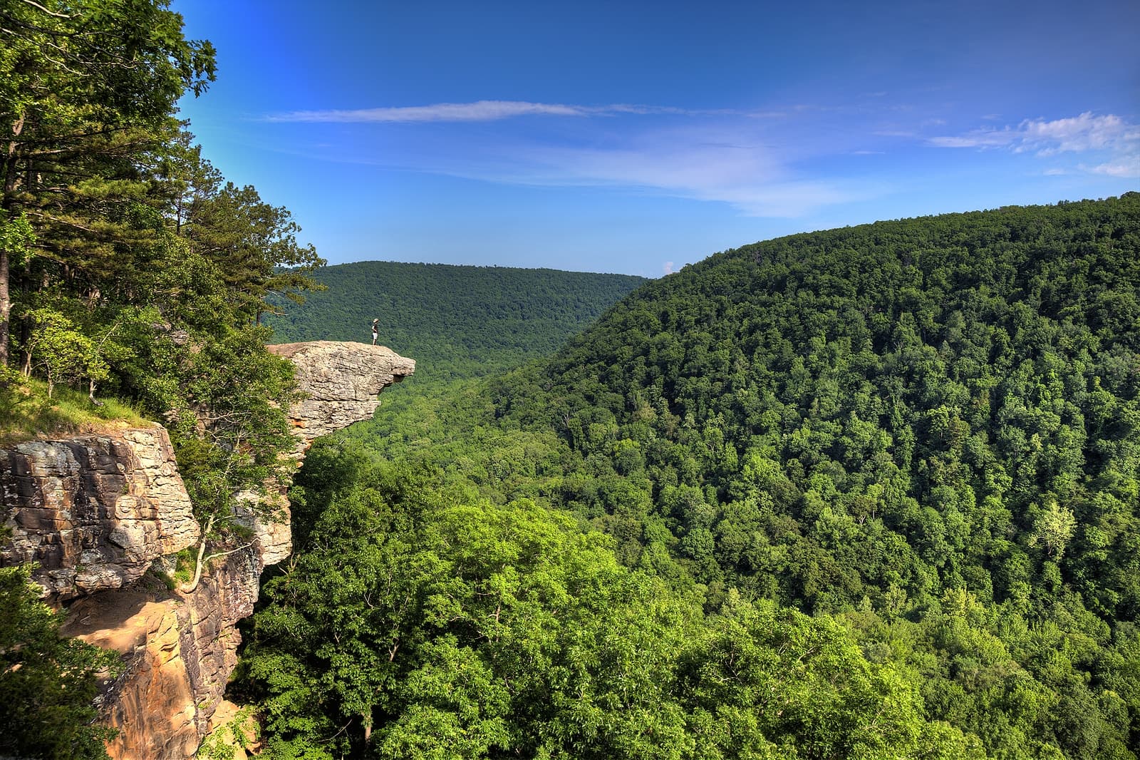 A person stands on a rocky outcrop overlooking a lush green valley under a clear blue sky. A person stands on a rocky outcrop overlooking a lush green valley under a clear blue sky.