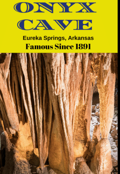 A close-up of unique rock formations in Onyx Cave, Eureka Springs, Arkansas, with the title prominently displayed above.